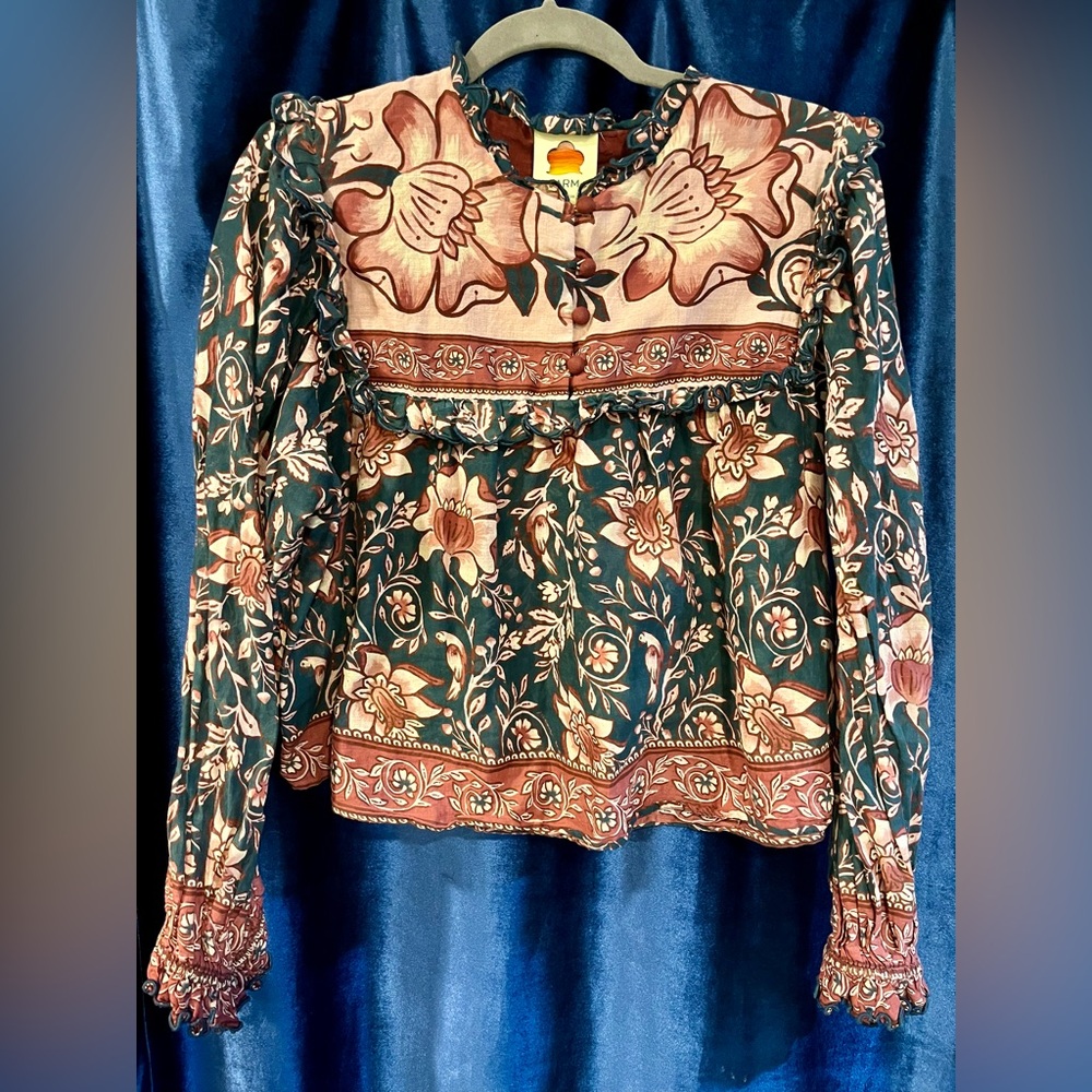Farm Rio boho Long Sleeve top- blue and pink hues